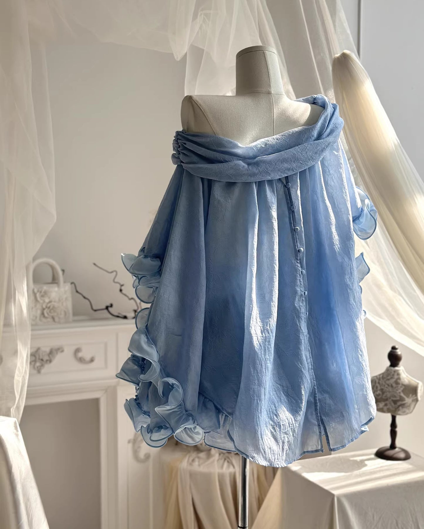 Blue Off-the-Shoulder Ruffle Chiffon Set