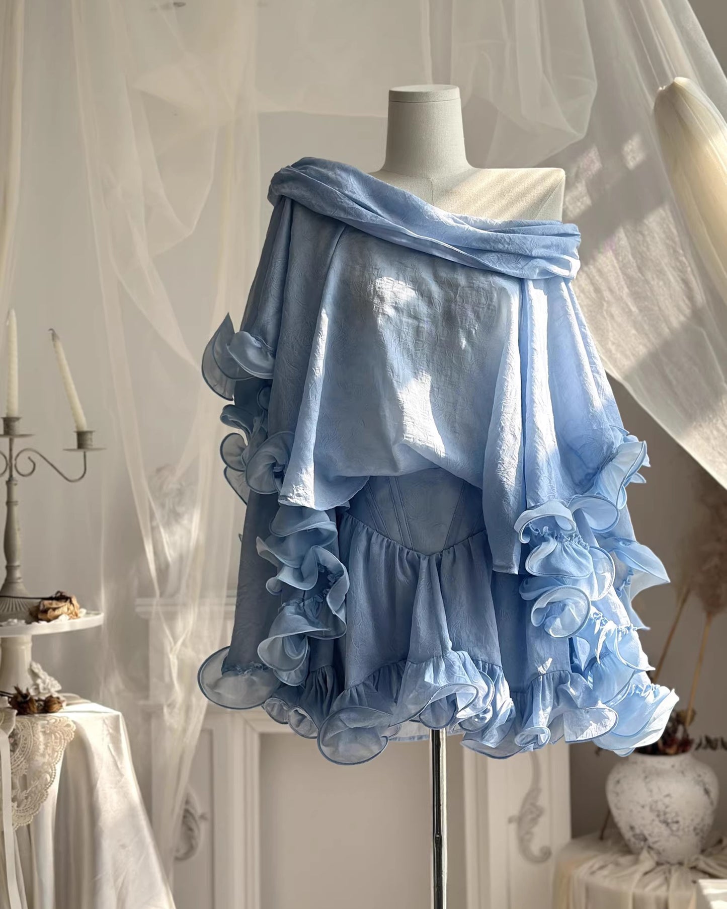 Blue Off-the-Shoulder Ruffle Chiffon Set