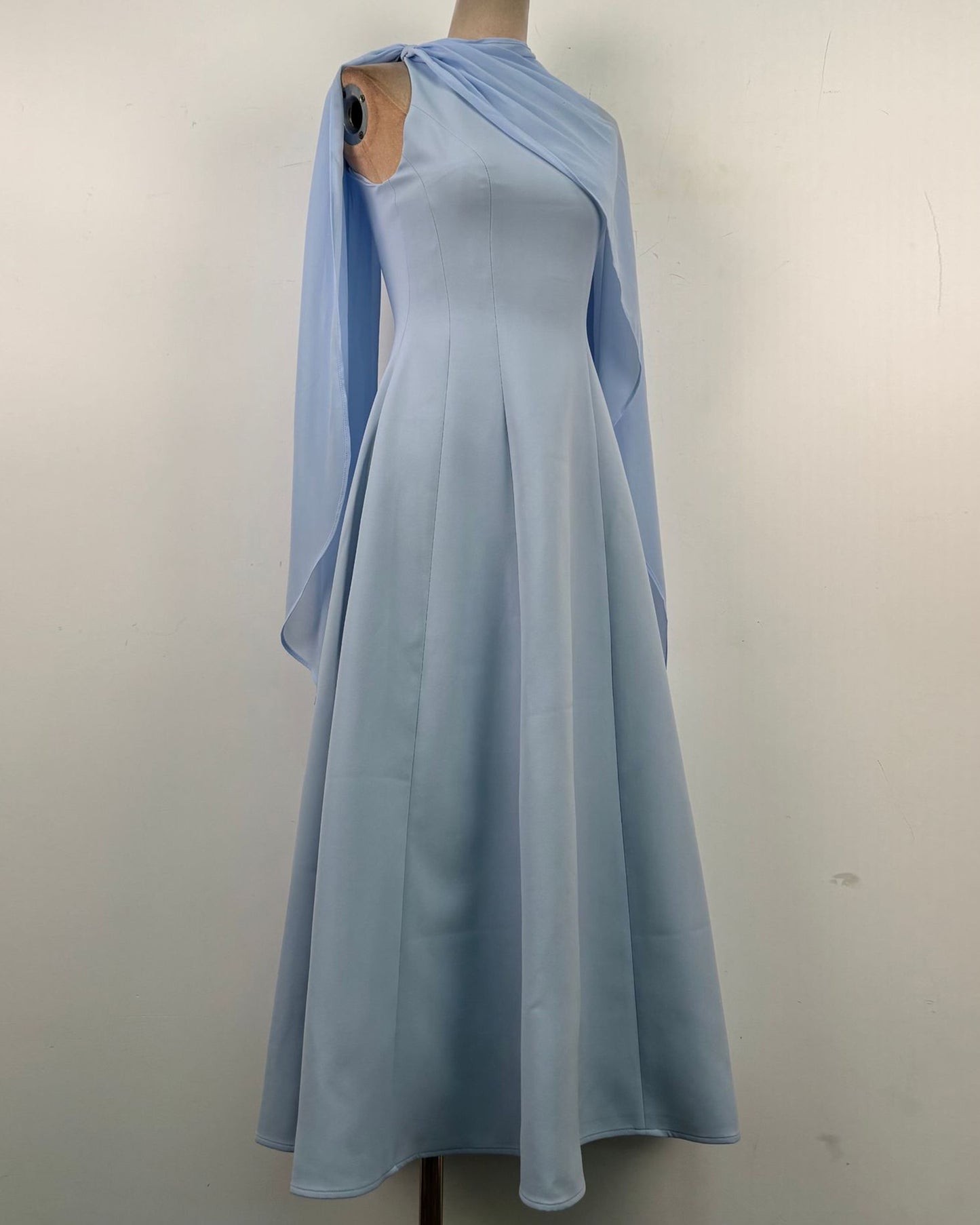 Blue One-Shoulder Cape Sleeve Evening Gown