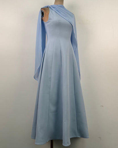 Blue One-Shoulder Cape Sleeve Evening Gown