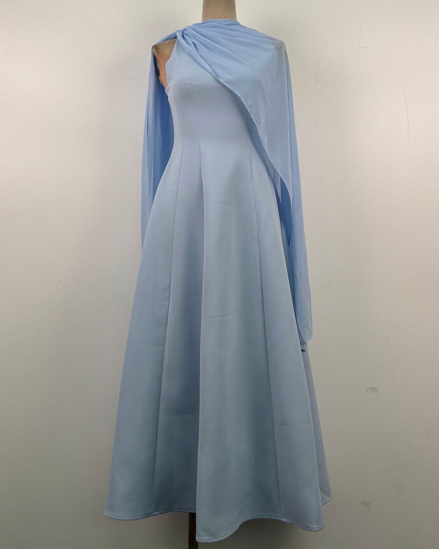 Blue One-Shoulder Cape Sleeve Evening Gown