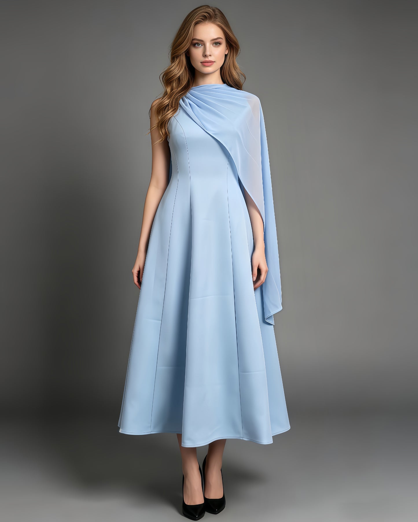 Blue One-Shoulder Cape Sleeve Evening Gown