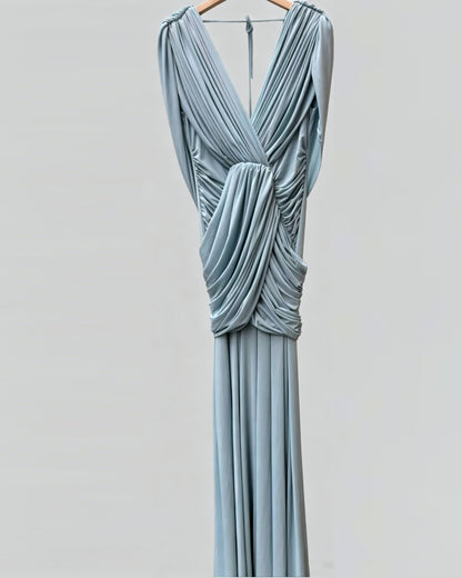 Blue Pleated Chiffon Wrap V-Neck Evening Gown