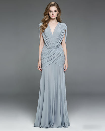Blue Pleated Chiffon Wrap V-Neck Evening Gown