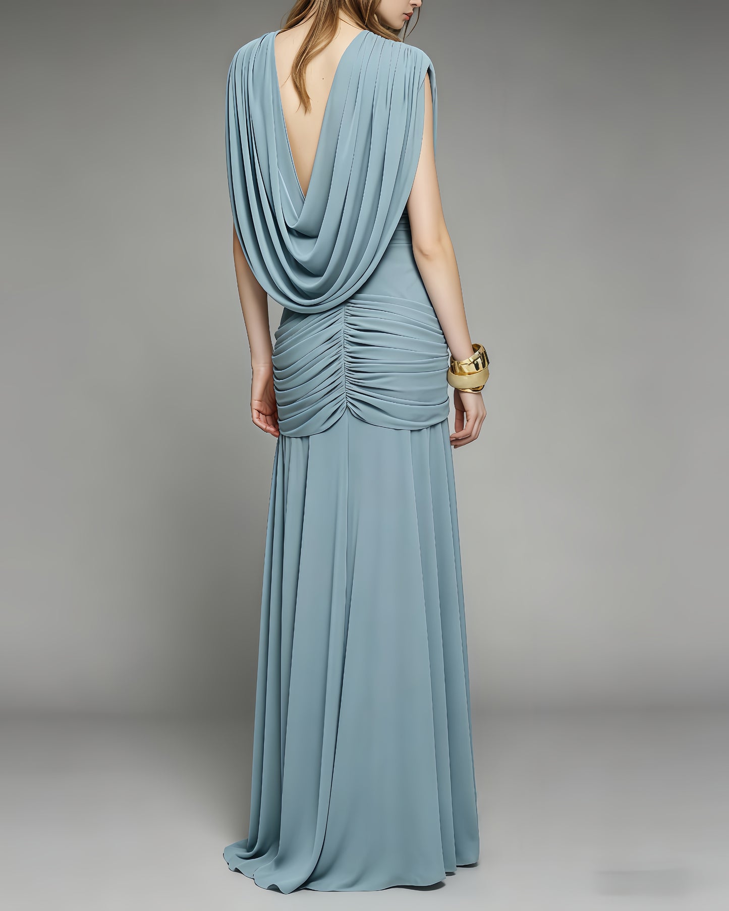 Blue Pleated Chiffon Wrap V-Neck Evening Gown