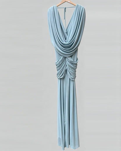 Blue Pleated Chiffon Wrap V-Neck Evening Gown