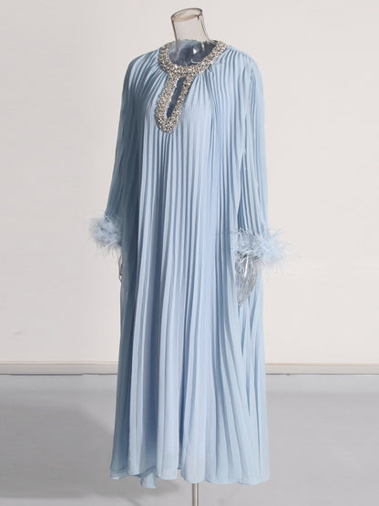Blue Pleated Maxi Dress with Crystal & Feather Details