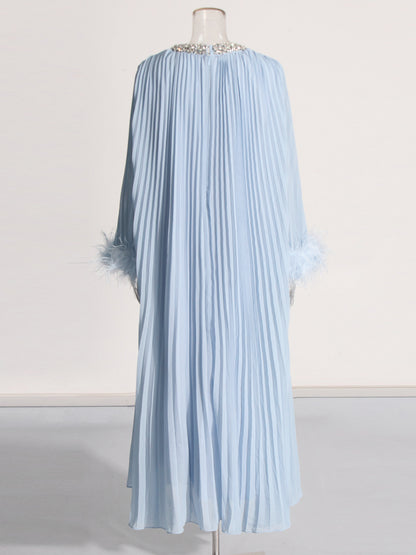 Blue Pleated Maxi Dress with Crystal & Feather Details