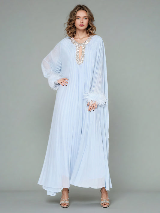Blue Pleated Maxi Dress with Crystal & Feather Details
