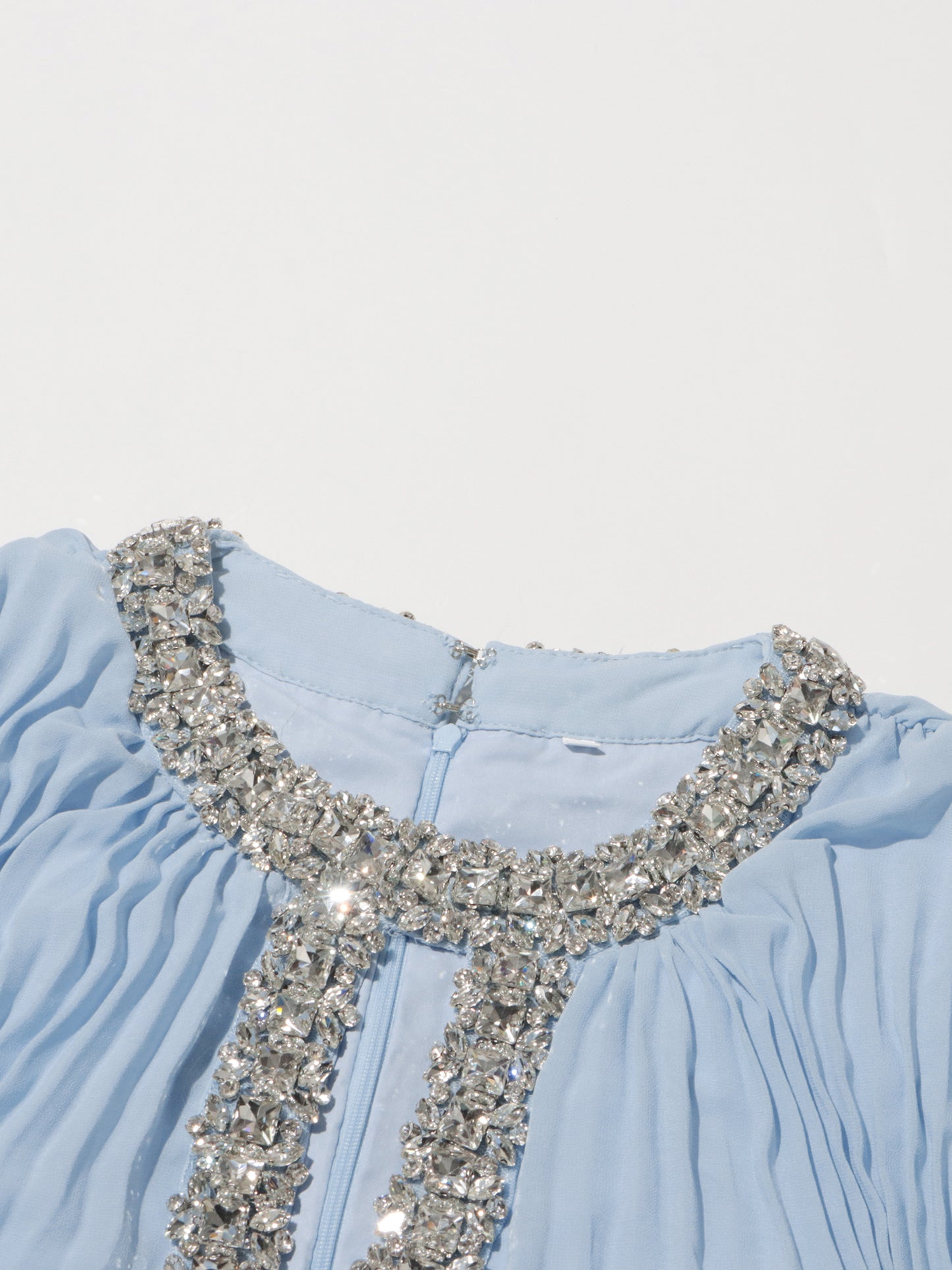 Blue Pleated Maxi Dress with Crystal & Feather Details