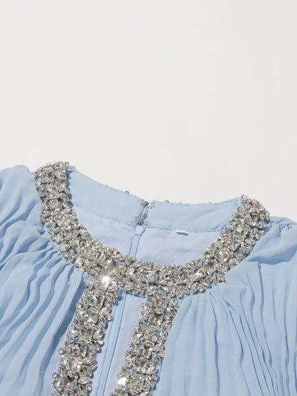 Blue Pleated Maxi Dress with Crystal & Feather Details