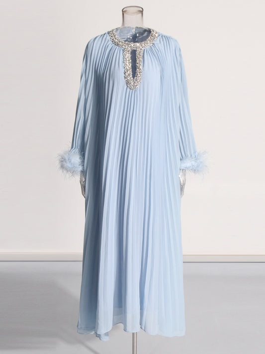 Blue Pleated Maxi Dress with Crystal & Feather Details