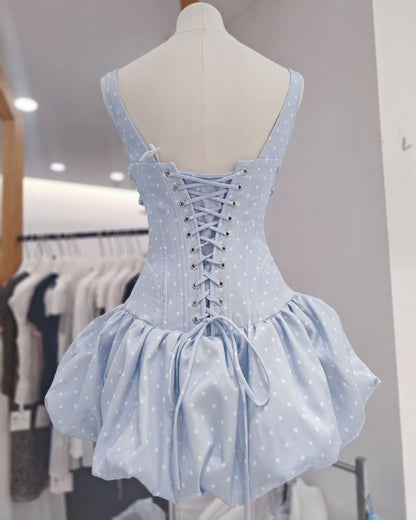 Blue Polka Dot Bow Corset Mini Dress