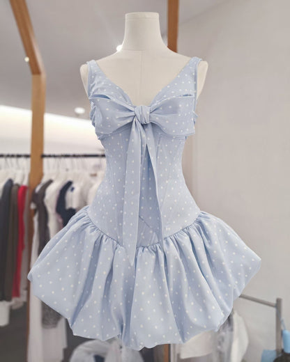 Blue Polka Dot Bow Corset Mini Dress