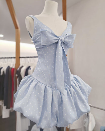Blue Polka Dot Bow Corset Mini Dress