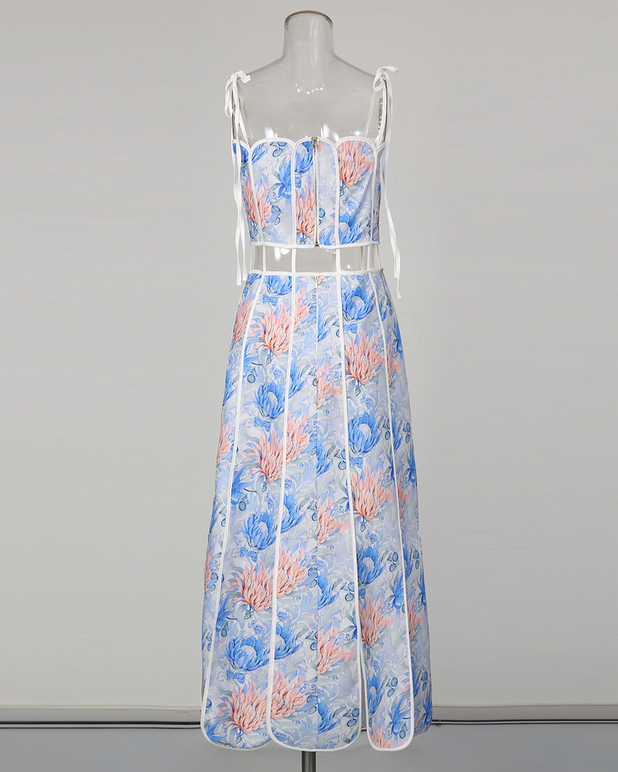 Blue Print Spaghetti Strap Cutout Midi Dress
