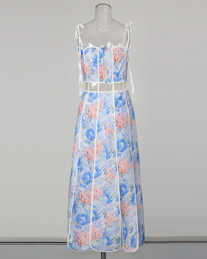 Blue Print Spaghetti Strap Cutout Midi Dress