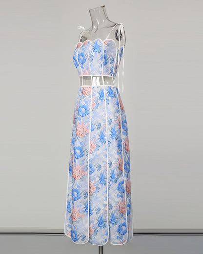 Blue Print Spaghetti Strap Cutout Midi Dress