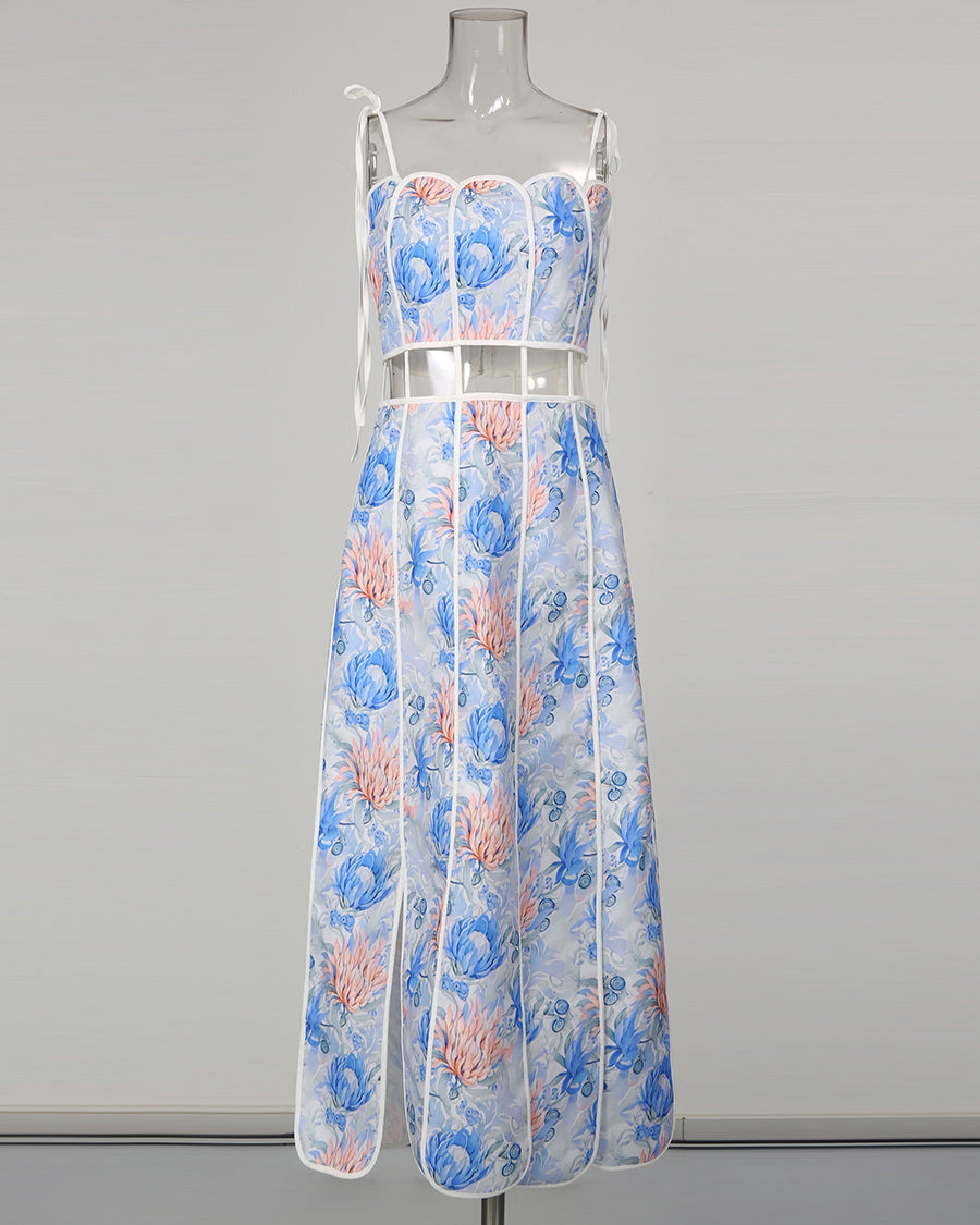Blue Print Spaghetti Strap Cutout Midi Dress