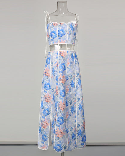 Blue Print Spaghetti Strap Cutout Midi Dress