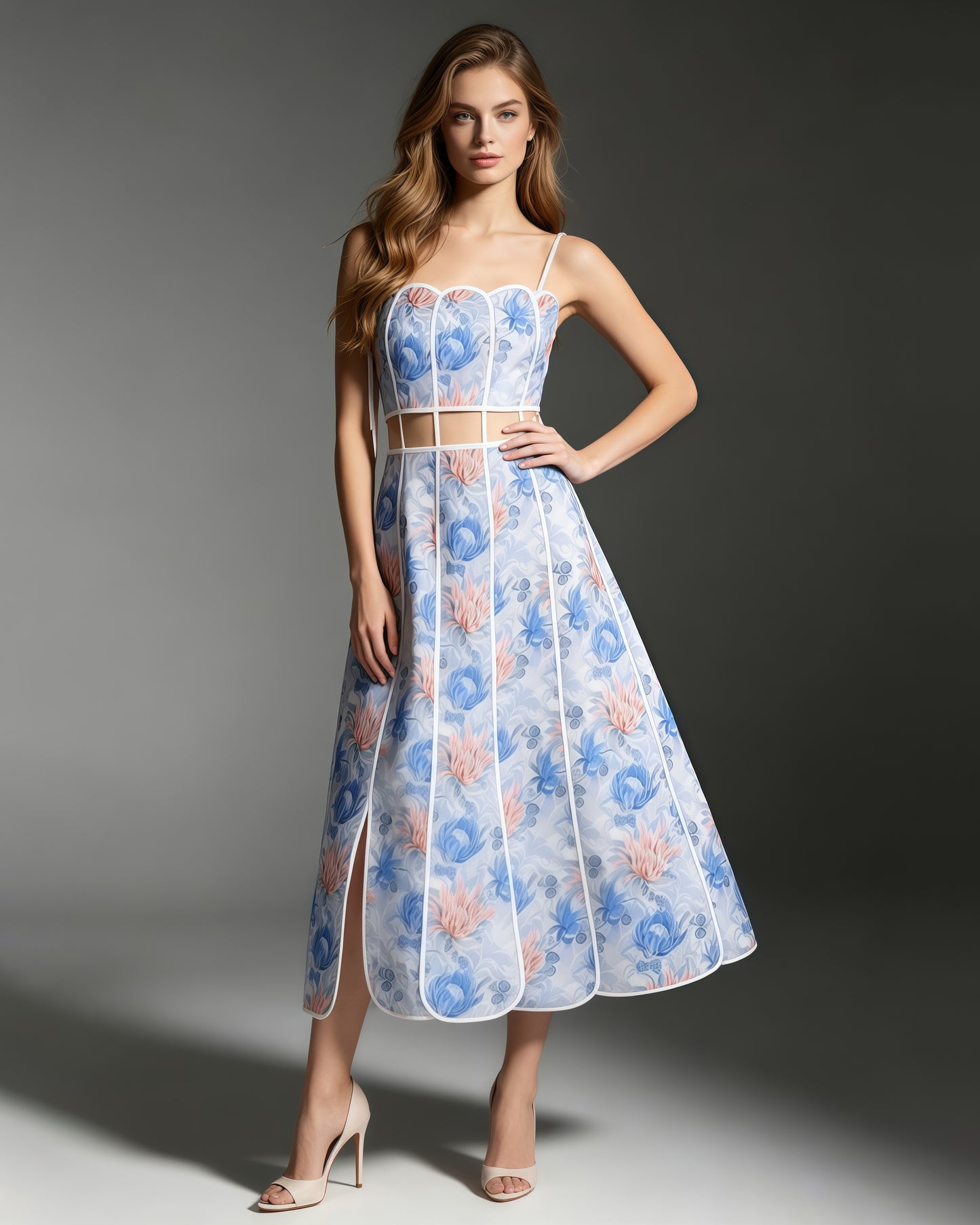 Blue Print Spaghetti Strap Cutout Midi Dress