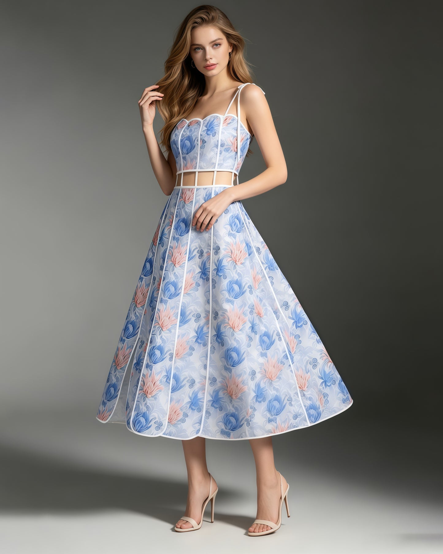 Blue Print Spaghetti Strap Cutout Midi Dress