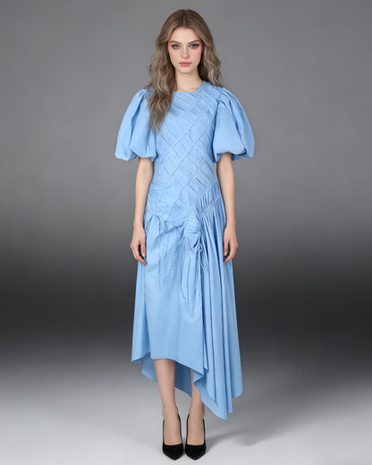 Blue Puff Sleeve Ruched Midi Dress
