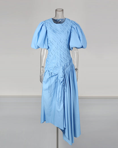 Blue Puff Sleeve Ruched Midi Dress