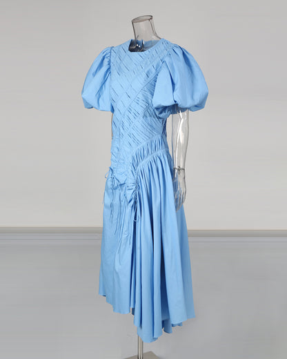 Blue Puff Sleeve Ruched Midi Dress