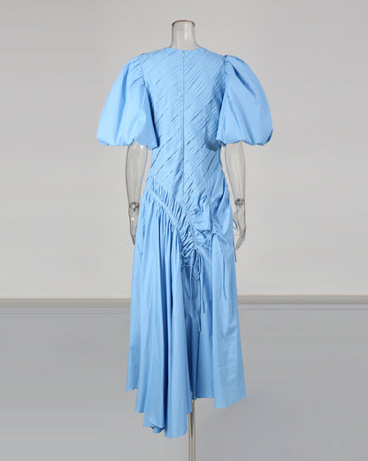 Blue Puff Sleeve Ruched Midi Dress