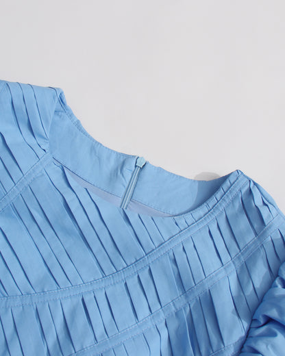 Blue Puff Sleeve Ruched Midi Dress