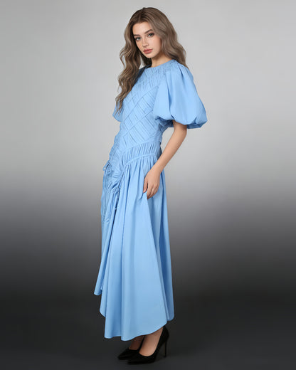 Blue Puff Sleeve Ruched Midi Dress