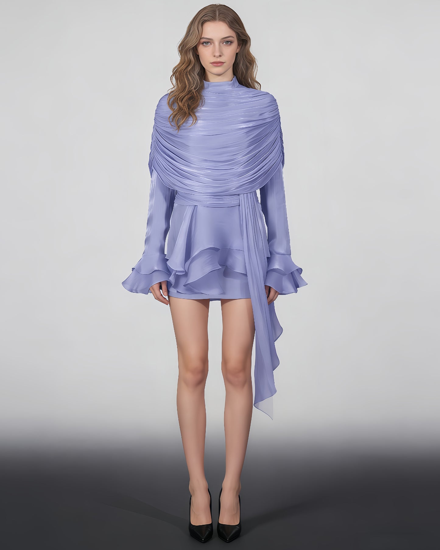 Blue Ruched Ruffle Dress