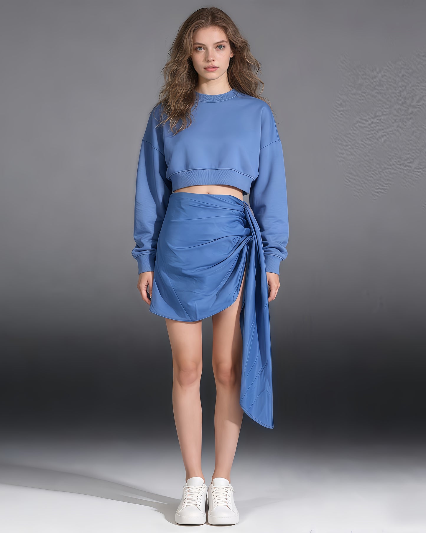 Blue Ruched Tie-Wrap Mini Skirt