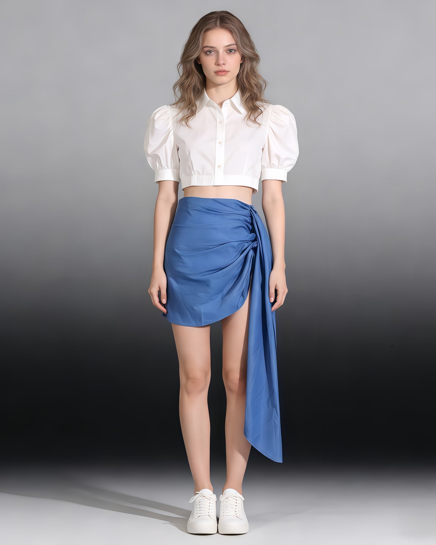 Blue Ruched Tie-Wrap Mini Skirt