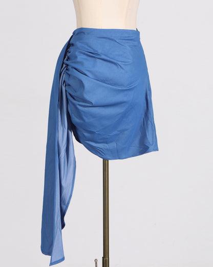 Blue Ruched Tie-Wrap Mini Skirt