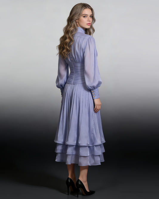 Blue Ruched Waist Tiered Midi Dress