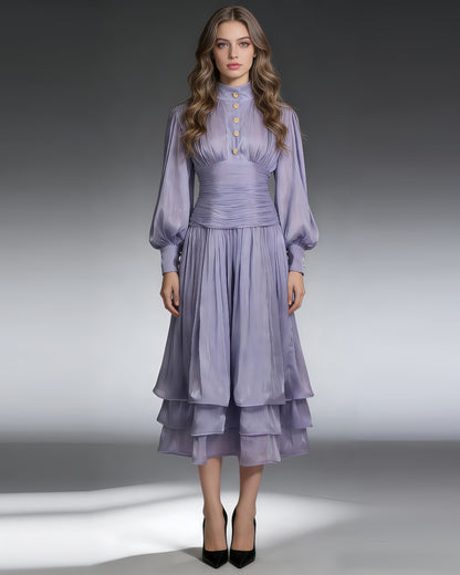 Blue Ruched Waist Tiered Midi Dress