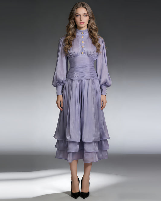 Blue Ruched Waist Tiered Midi Dress