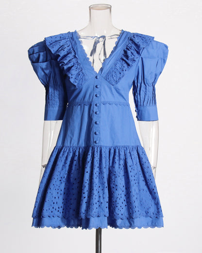 Blue Ruffled Eyelet Mini Dress