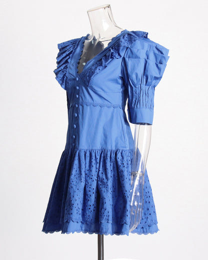 Blue Ruffled Eyelet Mini Dress