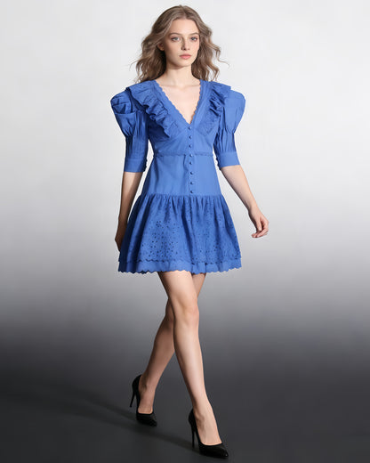 Blue Ruffled Eyelet Mini Dress