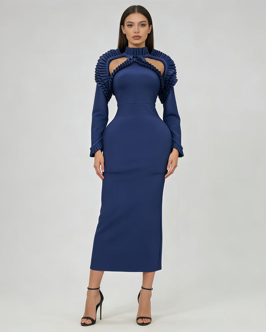 Blue Ruffled Rhinestone Fitted Gown