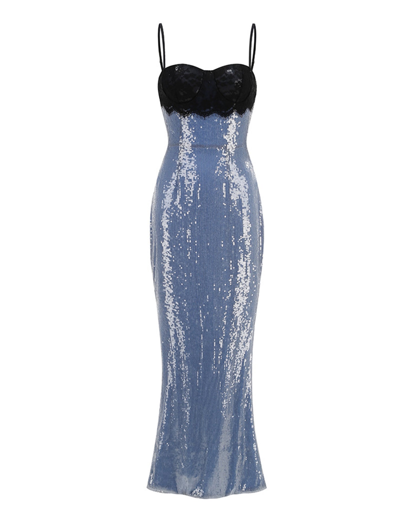 Blue Sequin  Black Lace Bustier Top Midi Dress
