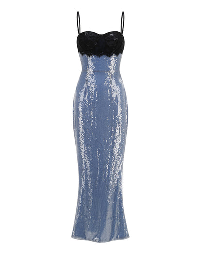 Blue Sequin  Black Lace Bustier Top Midi Dress