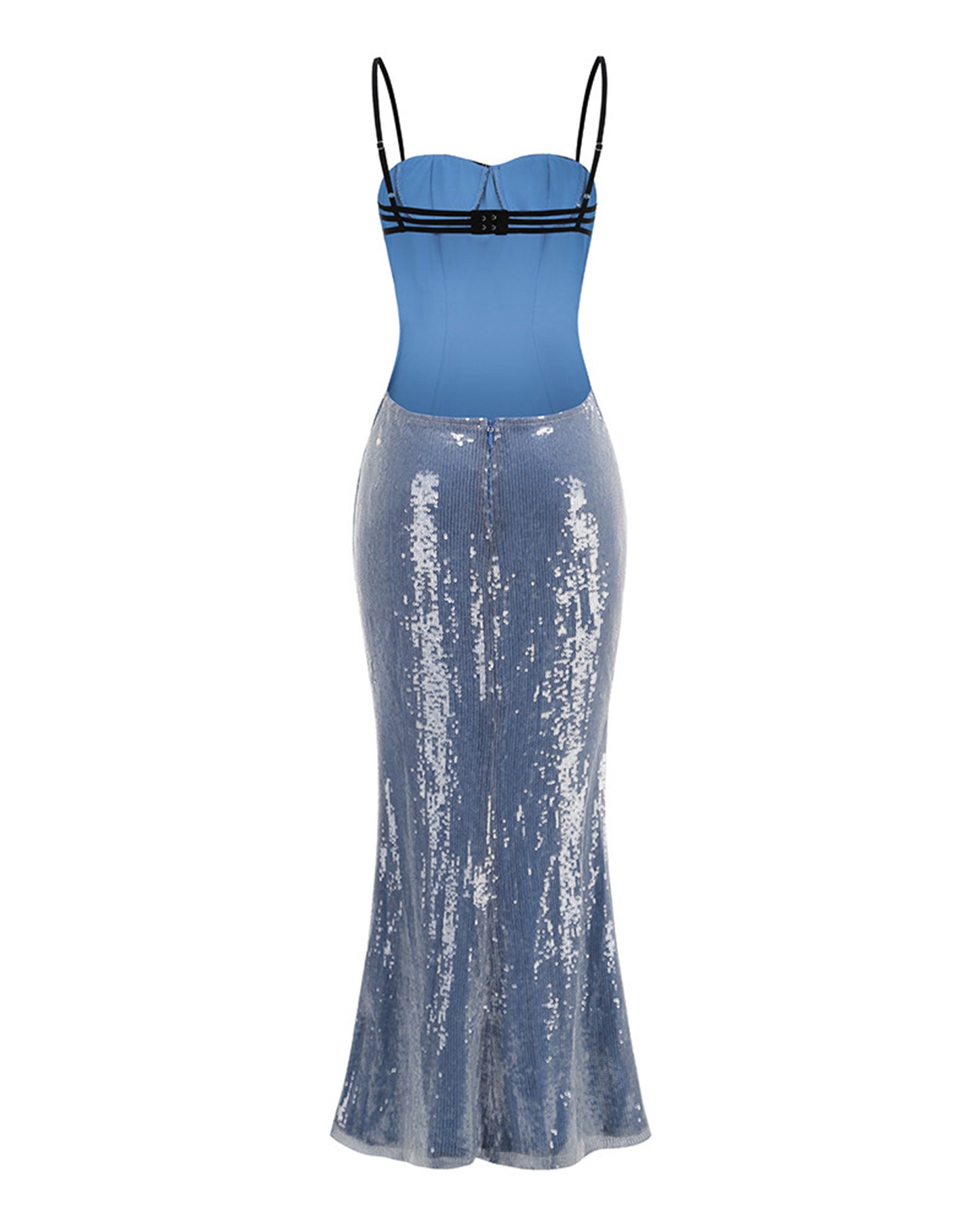 Blue Sequin  Black Lace Bustier Top Midi Dress