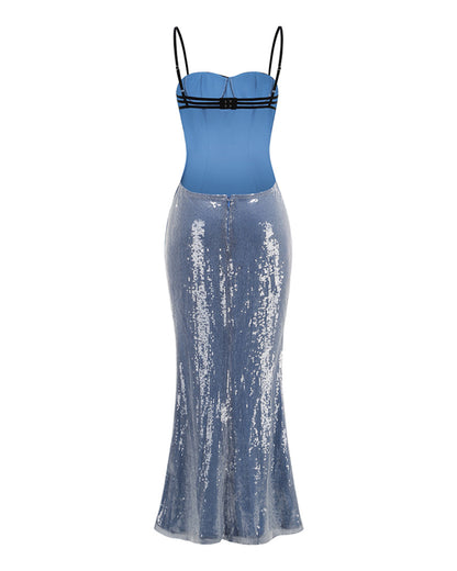 Blue Sequin  Black Lace Bustier Top Midi Dress