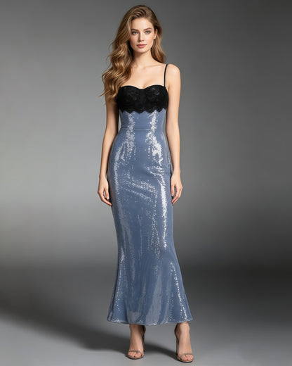 Blue Sequin  Black Lace Bustier Top Midi Dress