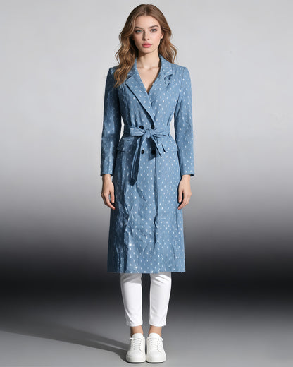 Blue Sequin Hollow Out Trench Coat with Tie Waist