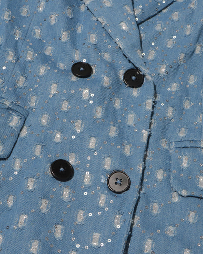 Blue Sequin Hollow Out Trench Coat with Tie Waist